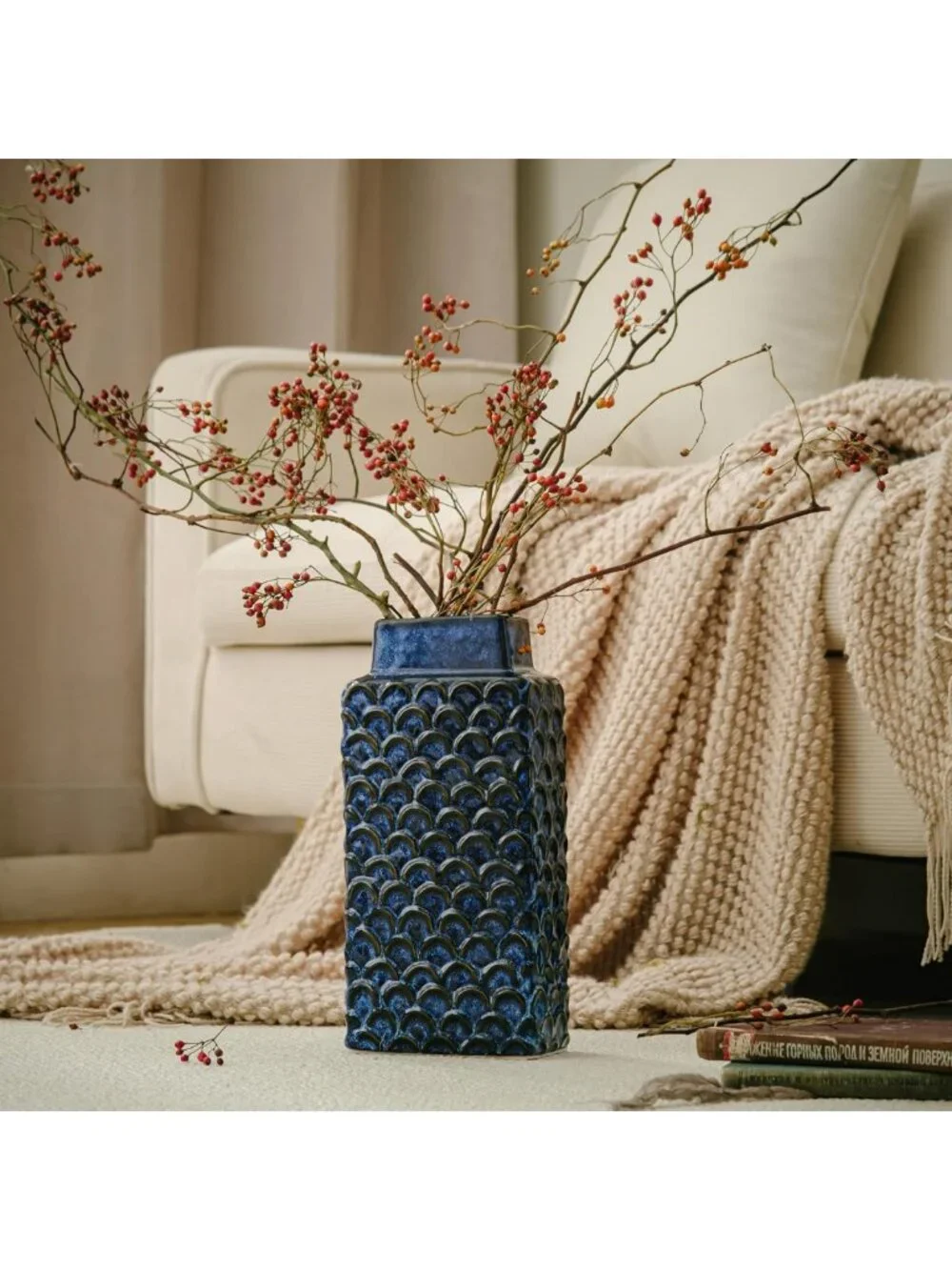Vintage Blue Ceramic Flower Vase - 12.6